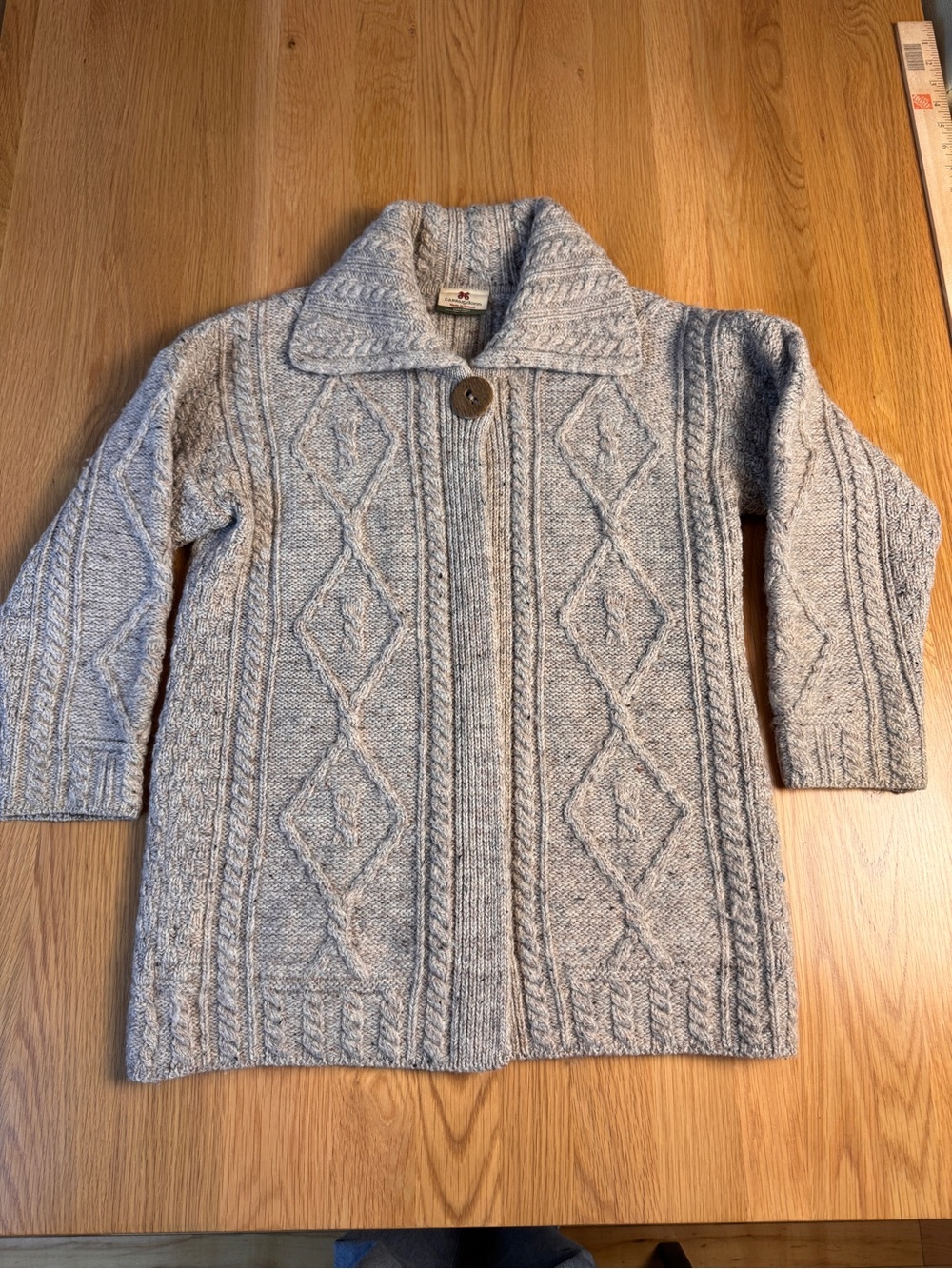 Women’s Pure New Wool Cable-Knit Pea Coatigan in Light Gray Fair Isle